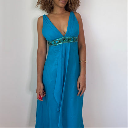 Vintage Turquoise Silk Beaded Empire Waist Midi Dress Italian Y2K (S)