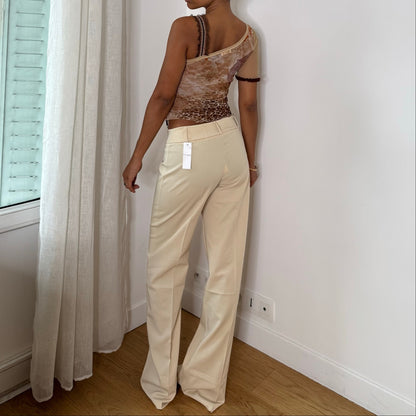 Italian vintage deadstock ivory cream low-rise tailored trousers with straight wide leg & front pleats
