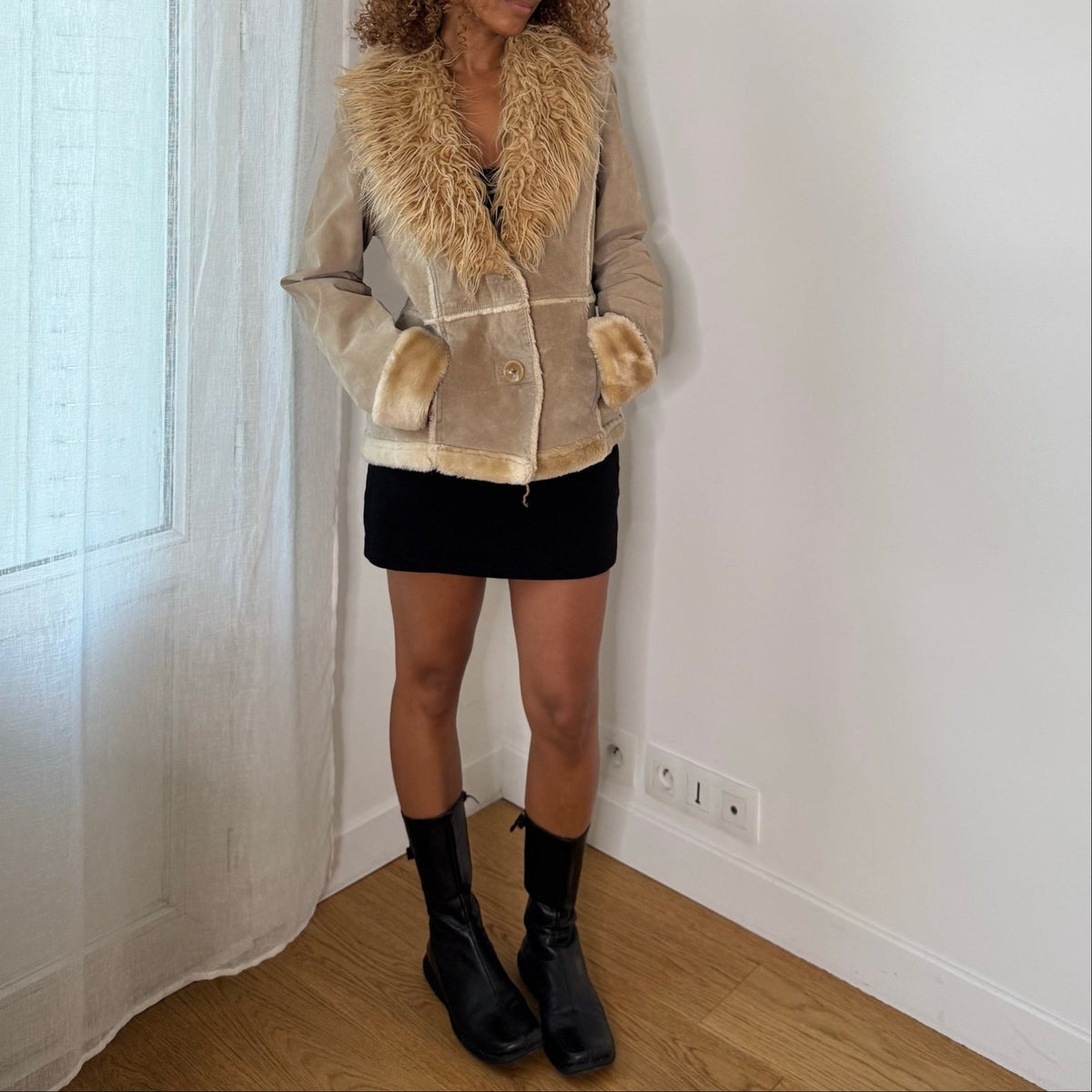 French vintage beige genuine suede leather jacket with oversized shaggy faux fur collar & shearling-style trim