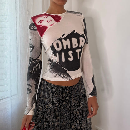 E-Play Italian Vintage White Black Red Pop Art Graphic Slinky Long Sleeve Top