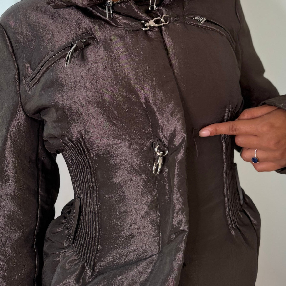 Euro vintage Y2K metallic taupe brown fitted jacket with high collar