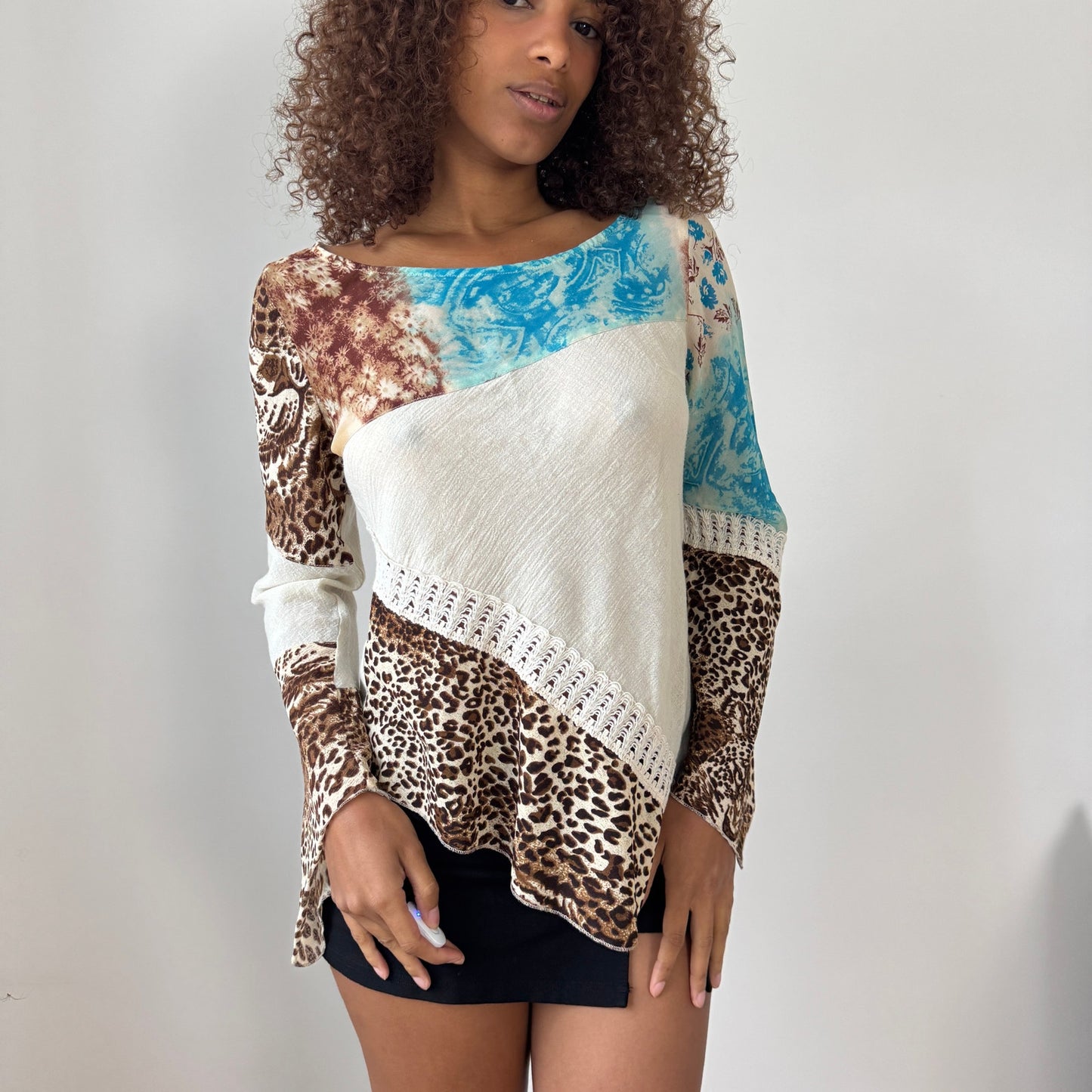 Vintage Patchwork Mixed-Print Asymmetric Long Sleeve Top with Lace Trim (M)