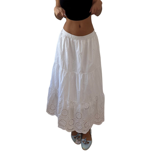 Vintage White Cotton Eyelet Broderie Maxi Skirt Elastic Waist Y2K Italian (S)