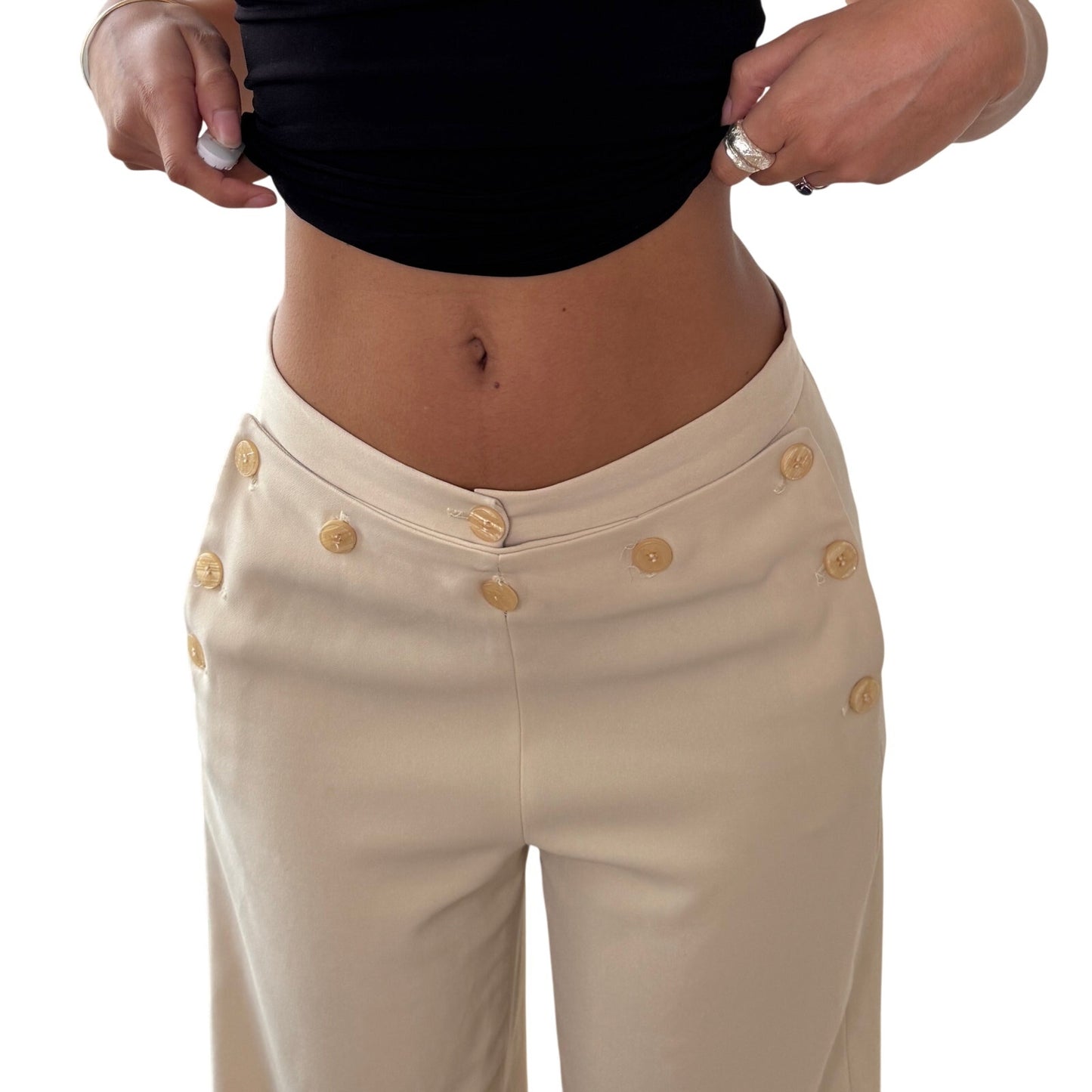 Vintage Cream Straight Leg Trousers Button Detail Y2K French (S)