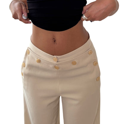 Vintage Cream Straight Leg Trousers Button Detail Y2K French (S)