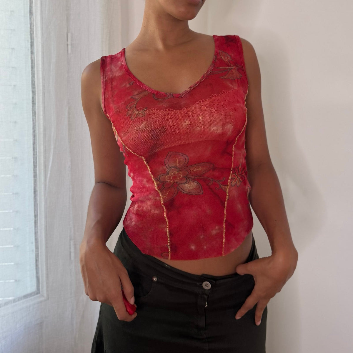 Italian vintage red floral print semi-sheer mesh tank top with rhinestone details