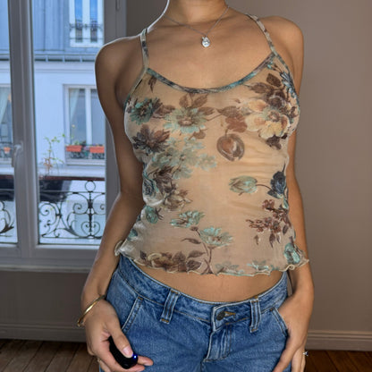 Vintage 90s floral print sheer mesh cami tank (S)