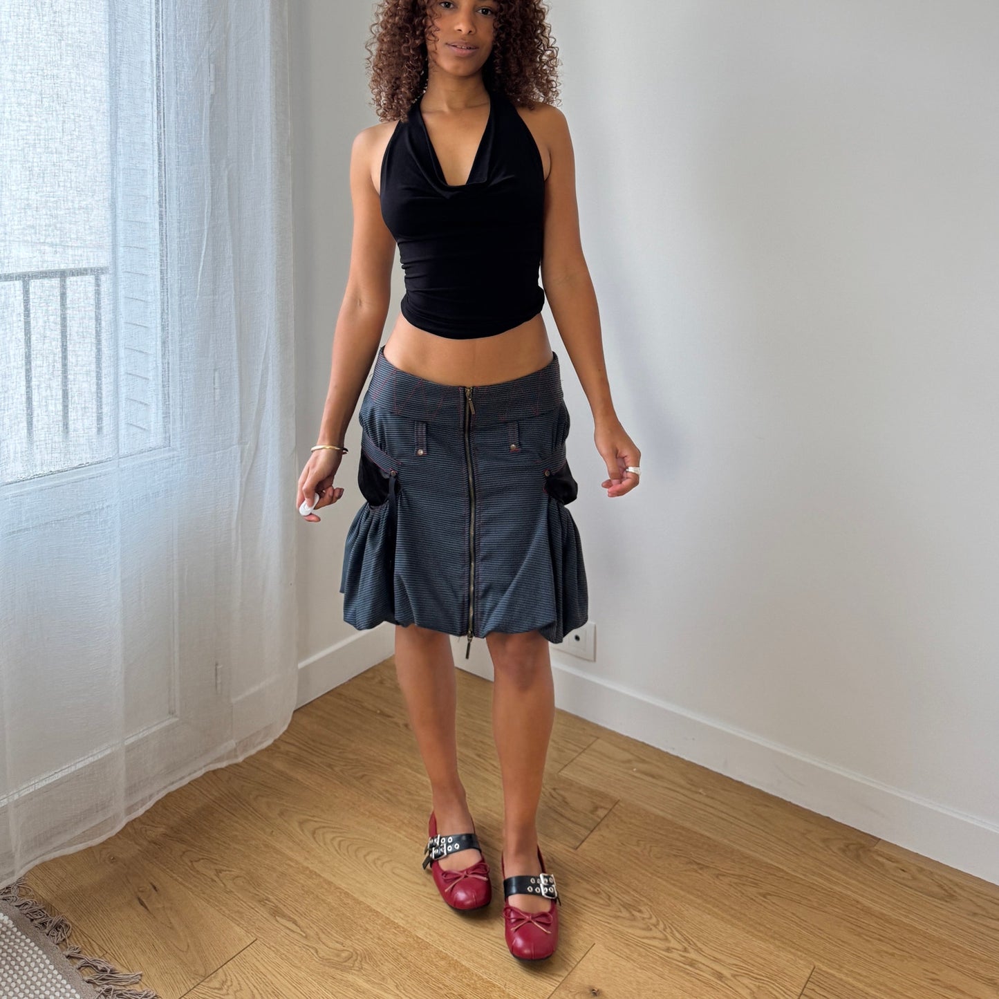 Vintage Euro structured zip-front bubble-hem skirt with contrast stitching (S/M)