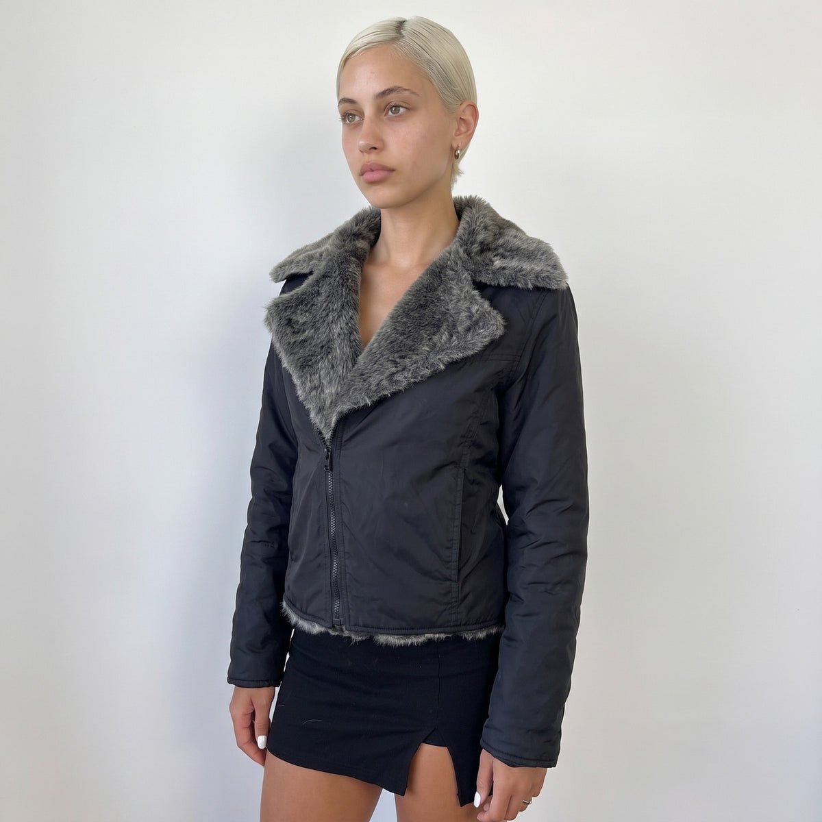 Vintage Black Nylon Fur Collar Jacket
