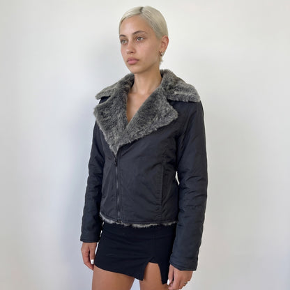Vintage Black Nylon Fur Collar Jacket