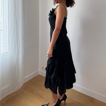 Vintage Black Maxi Dress Ruffle Neckline Adjustable Tie Straps Y2K Italian Cotton (S)