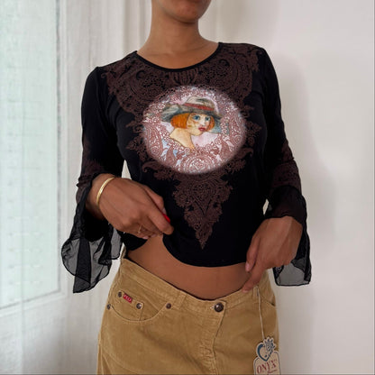 Misia Paris French vintage Y2K black illustrated portrait mesh top with brown lace print & sheer bell sleeves
