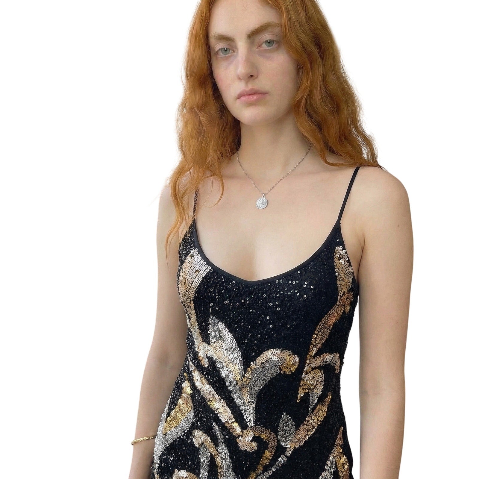 Italian Vintage 00s black & gold sequin midi dress with lace up back (  Oh  Leeloo
