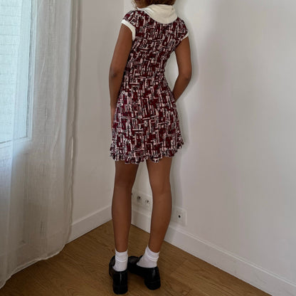 Italian vintage 2000s burgundy cream & black geometric print slinky mini dress with knit turtleneck
