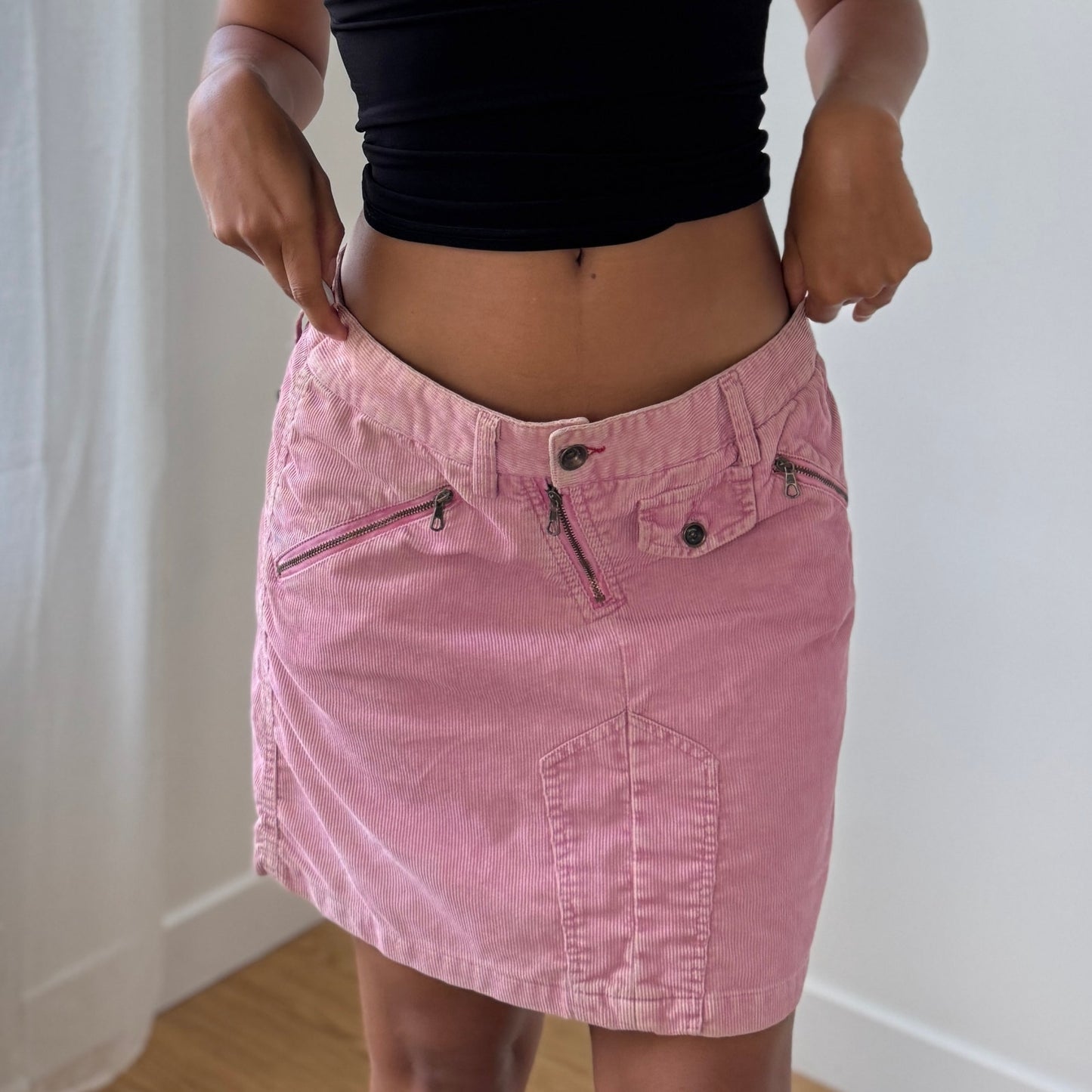Y2K Pink Corduroy Graphic Mini Skirt (S)