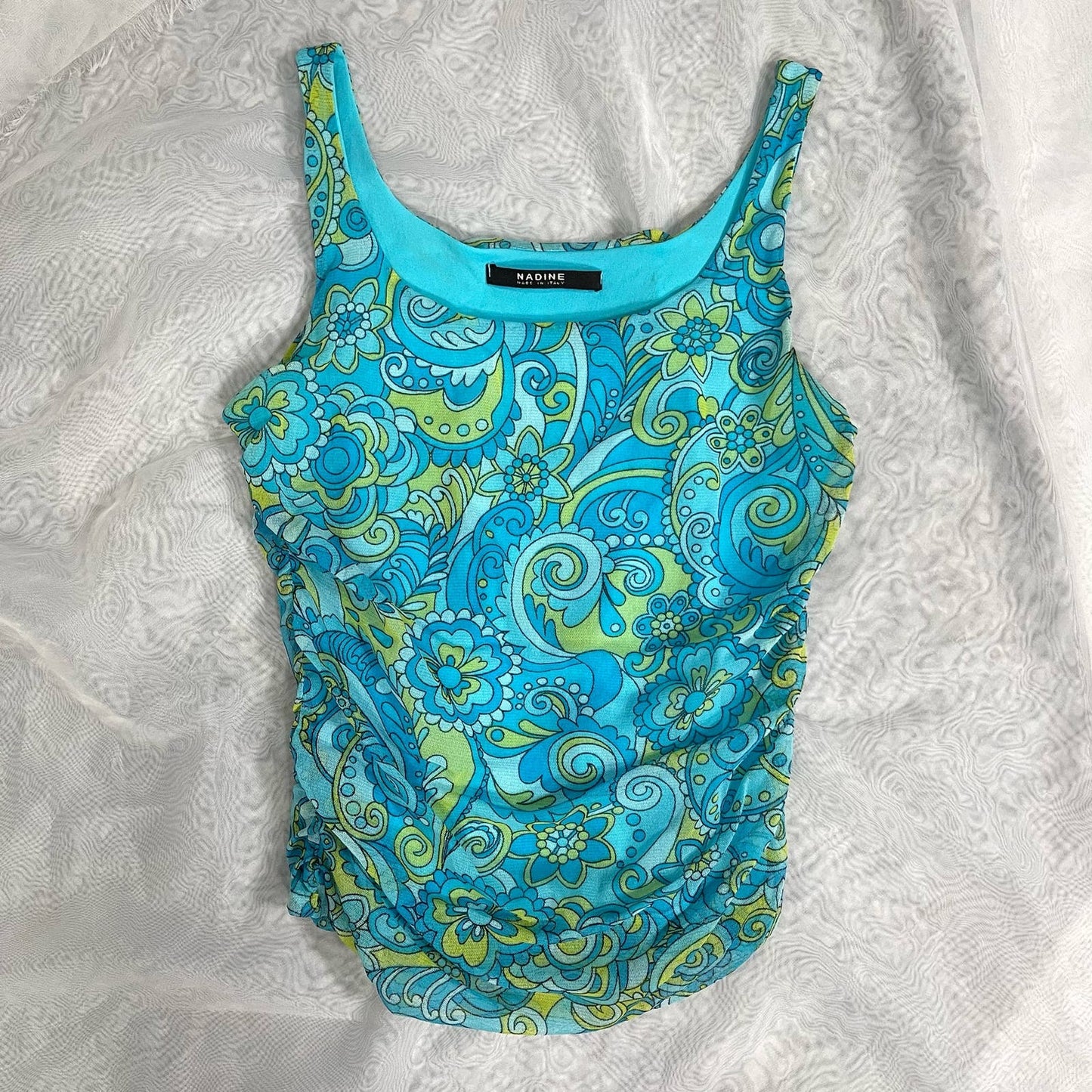 Made in Italy - Vintage Y2k Blue Mesh Print Cami top (XS-M) Rom com Coquette