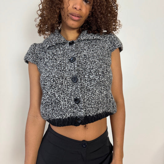 Vintage Italian grey marled knit slouchy short sleeve cardigan with button front (S)