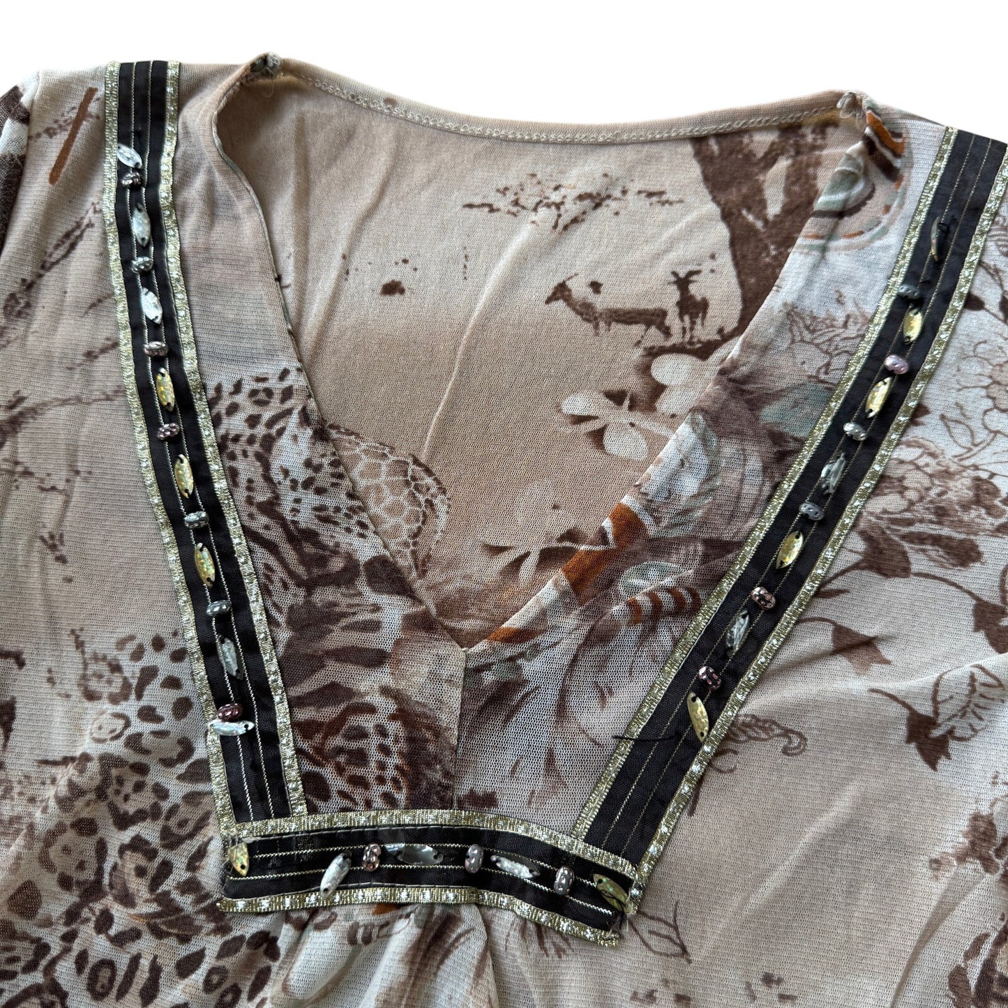 Vintage Jungle Animal Print Beaded Mesh Top Y2K (S/M)