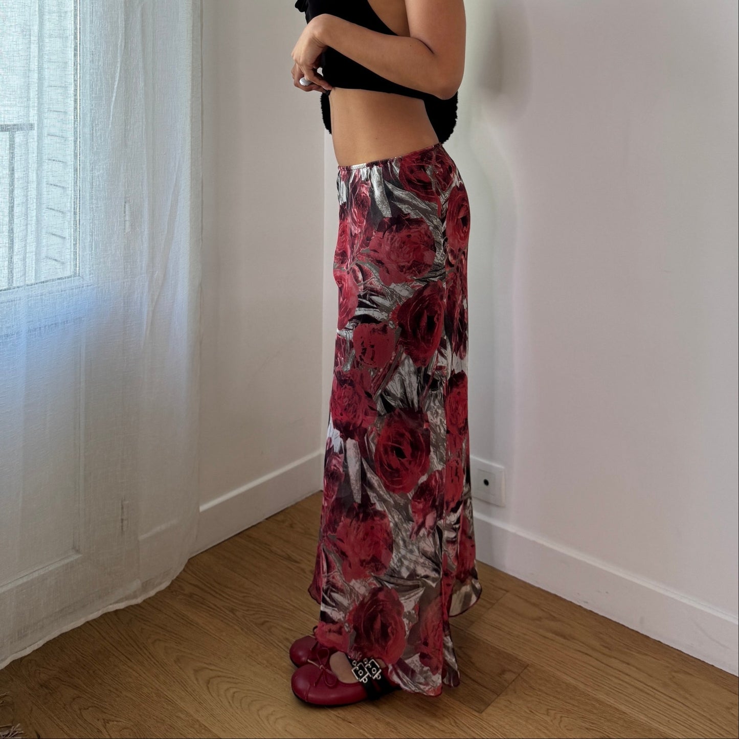 Vintage Red Rose Mesh Maxi Skirt Italy Y2K (S)