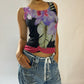 Vintage Italian Designer Black & purple floral Print Fitted mesh Blouse (S)