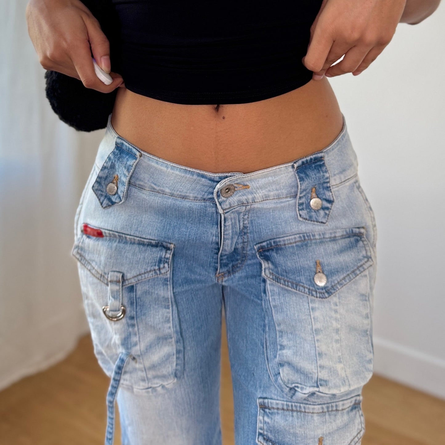 Vintage Light Wash Cargo Denim Jeans Multi Pocket Distressed Italy Y2K (S)