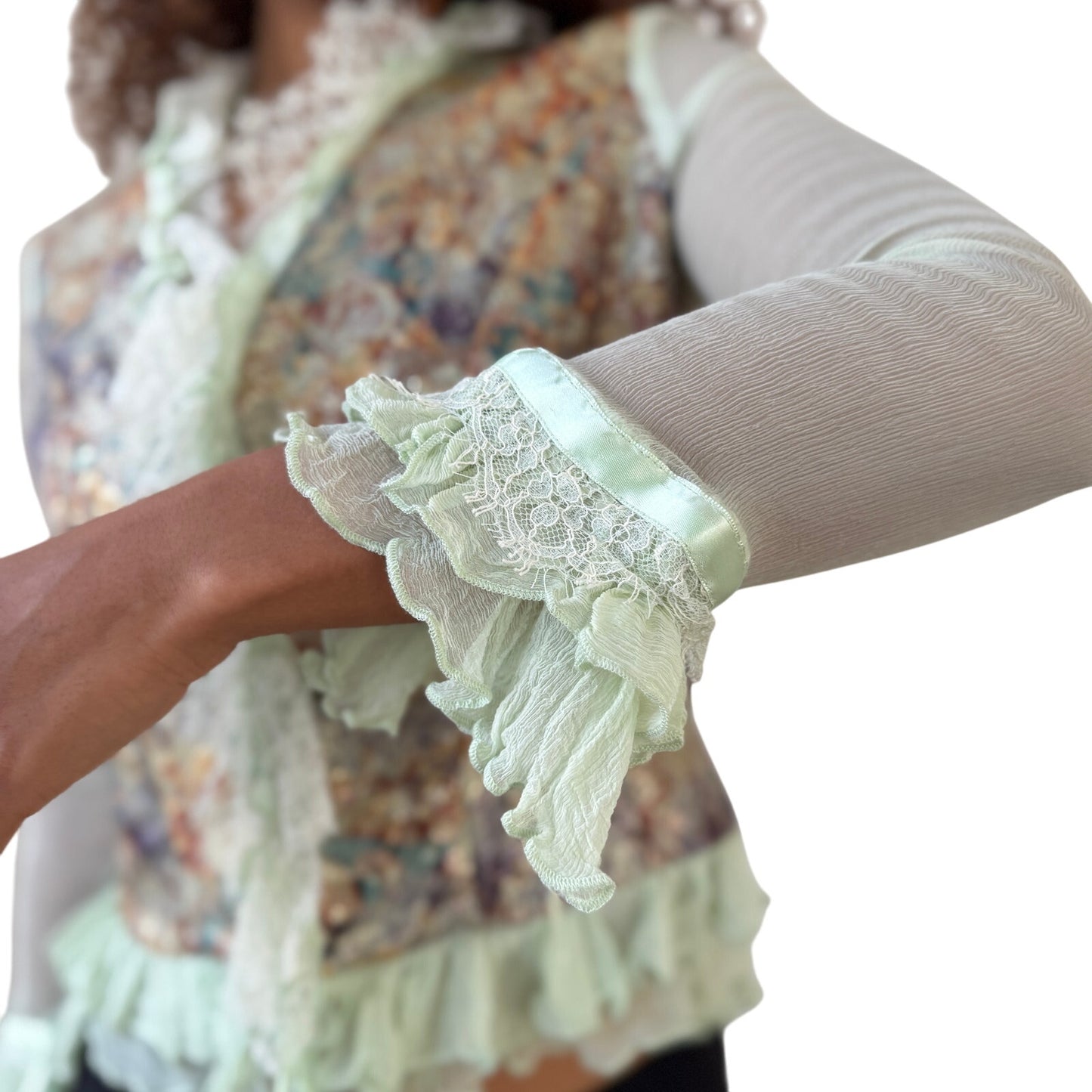 Vintage French designer mint mesh & brocade ruffle blouse (S/M)