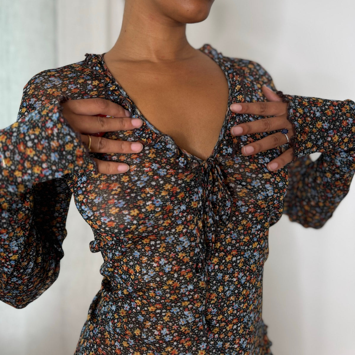 Vintage Black Orange Blue Ditsy Floral Print Semi Sheer Mesh Long Sleeve Top