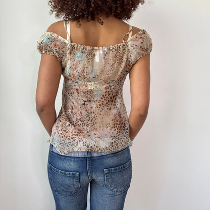 Vintage Fairy Grunge Silk Mesh Top Floral Leopard Italian Y2K (M)