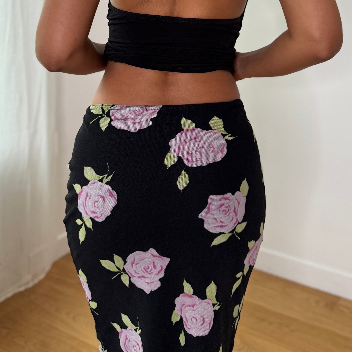 Vintage Black Pink Rose Mesh Midi Skirt Floral Y2K Pencil Skirt (S) ⠀