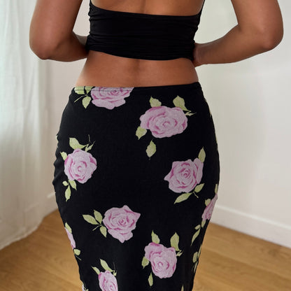 Vintage Black Pink Rose Mesh Midi Skirt Floral Y2K Pencil Skirt (S) ⠀