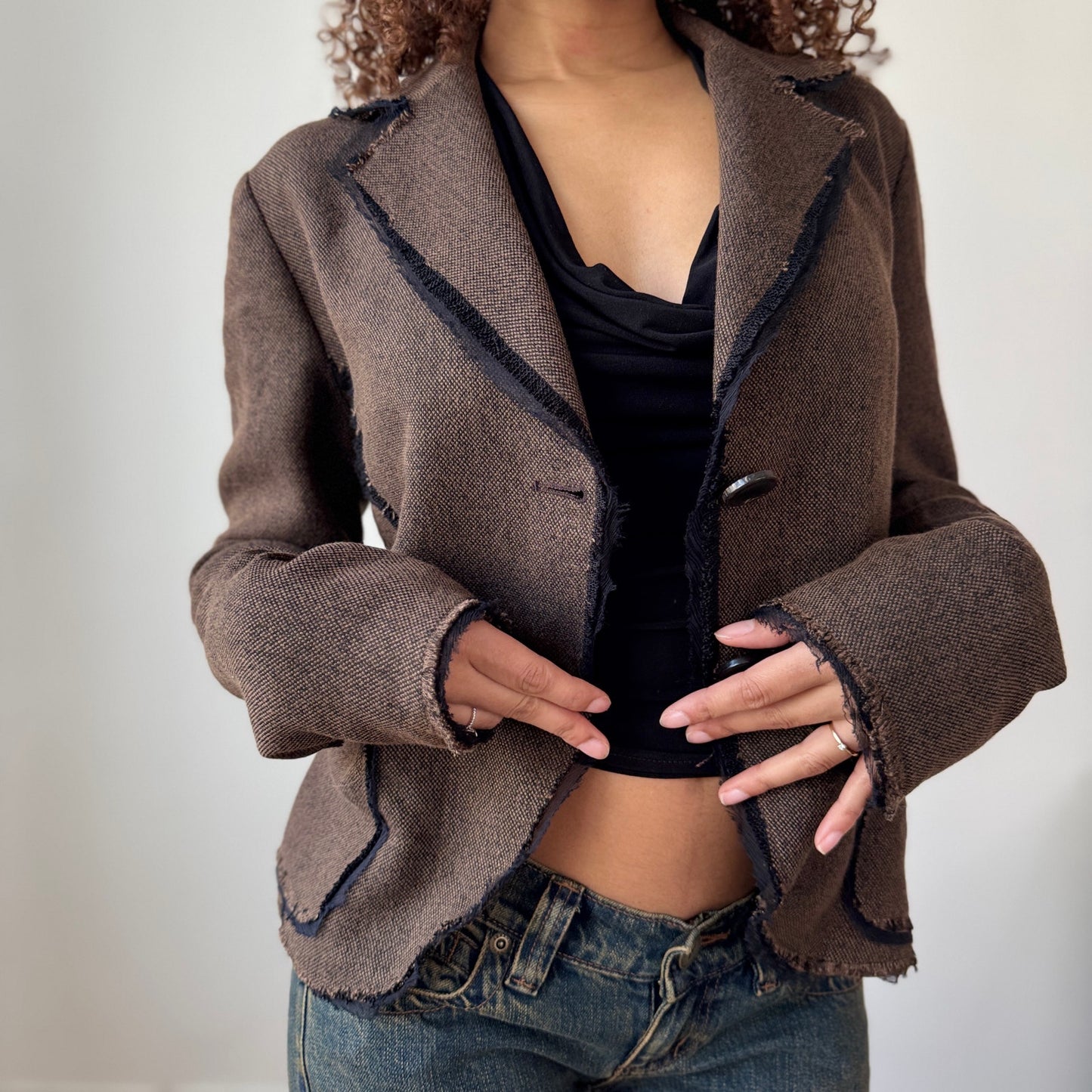 Vintage Italian Brown Tailored Jacket Raw Edge Trim Fitted Blazer (S/M)