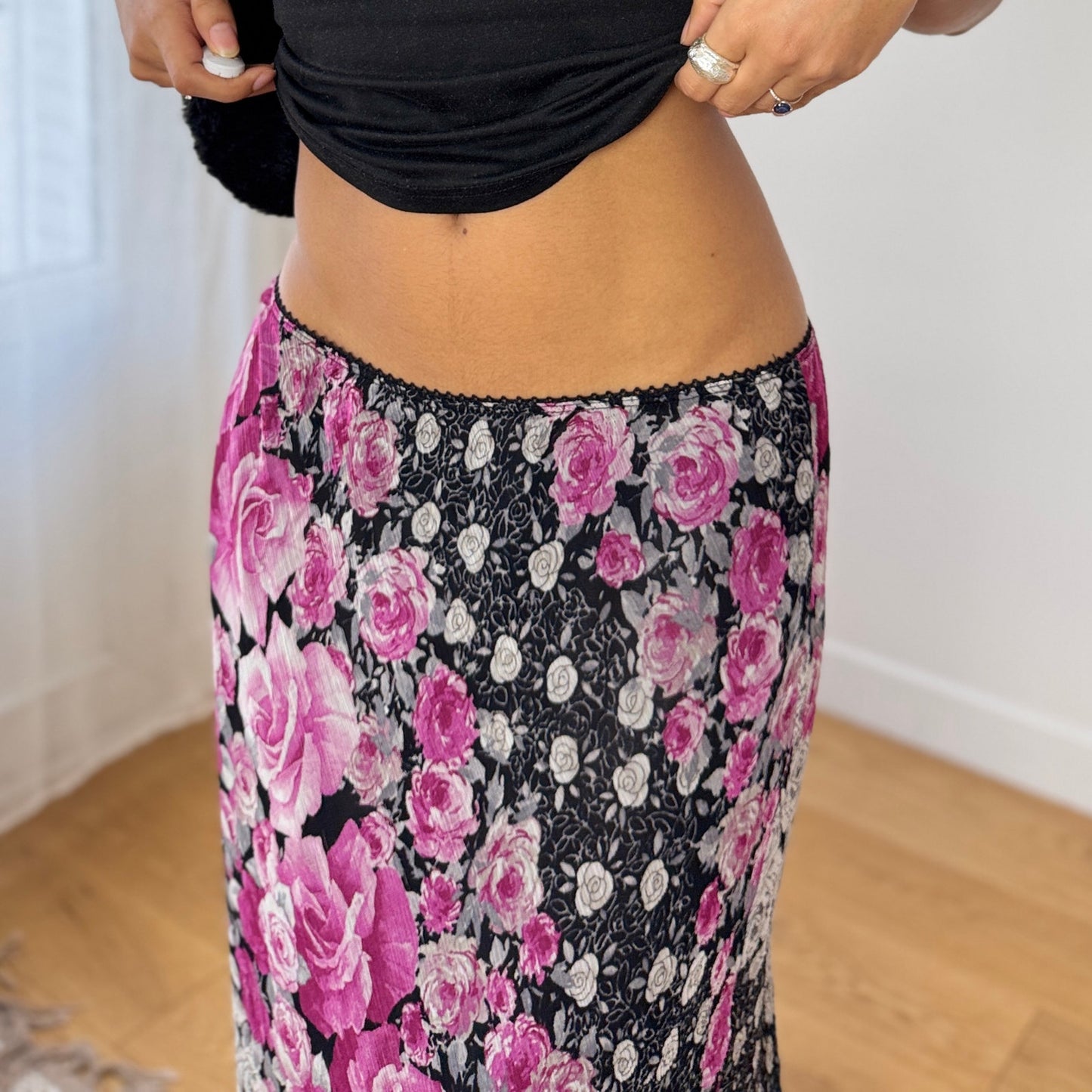 Vintage Italian Pink & Black Mesh Midi Skirt (S)