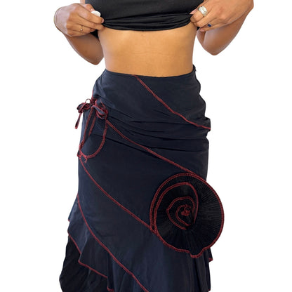 Vintage French Black Midi Skirt Red Contrast Stitch Asymmetrical Hem (XS)