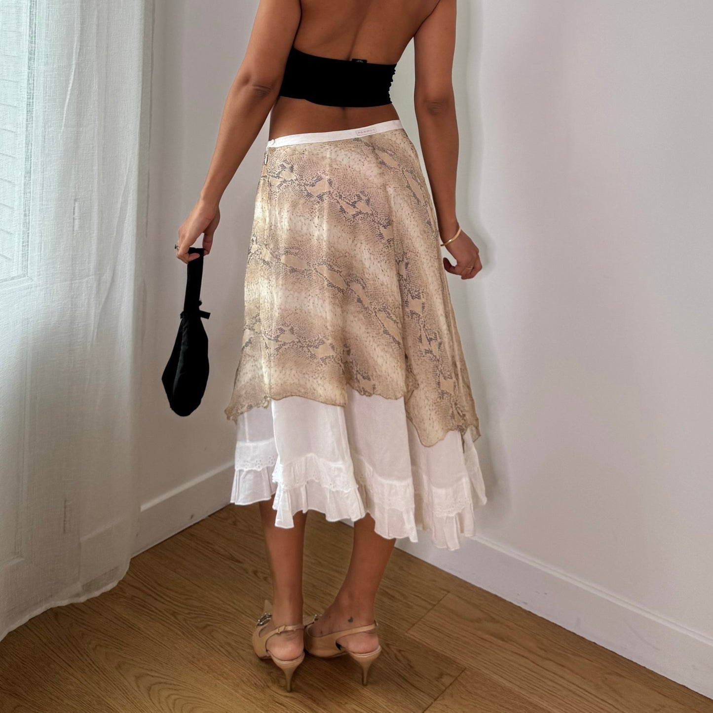 Vintage Beige Cream Snakeskin 100% Silk Ruffle Midi Skirt Italian Y2K (S)