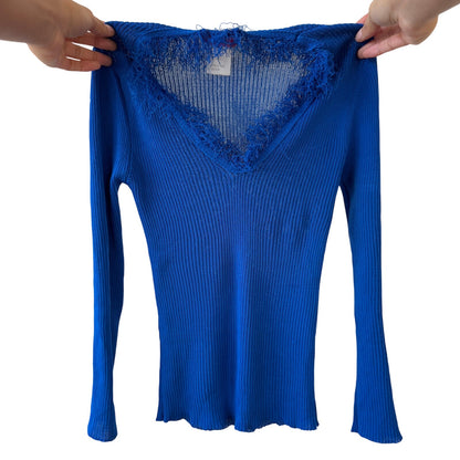 Vintage Italian Y2K Cobalt Blue Ribbed Knit Feather Trim Long Sleeve Top (Small)