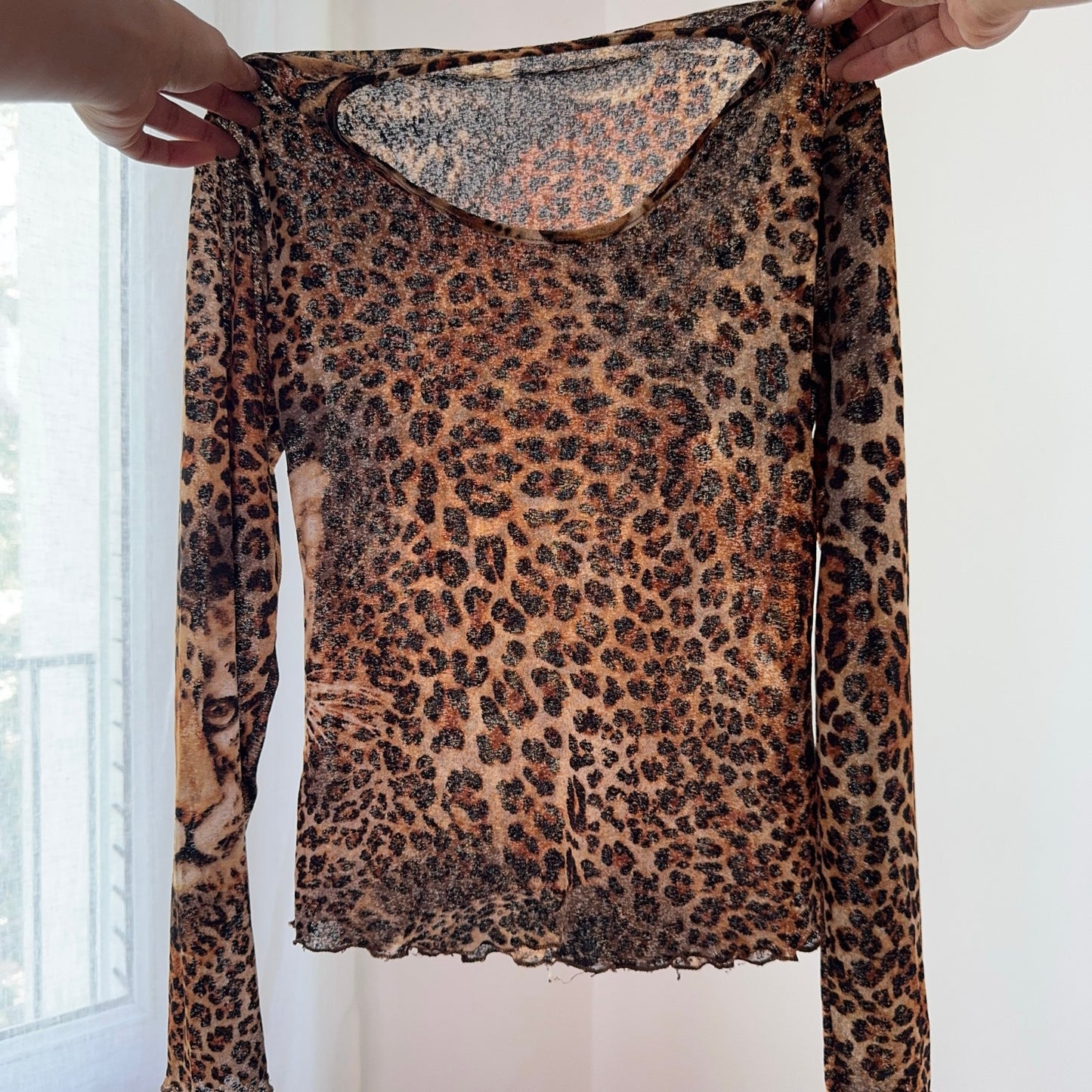 Vintage French Leopard Mesh Top Sheer Animal Print Y2K Long Sleeve (S)