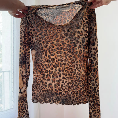 Vintage French Leopard Mesh Top Sheer Animal Print Y2K Long Sleeve (S)