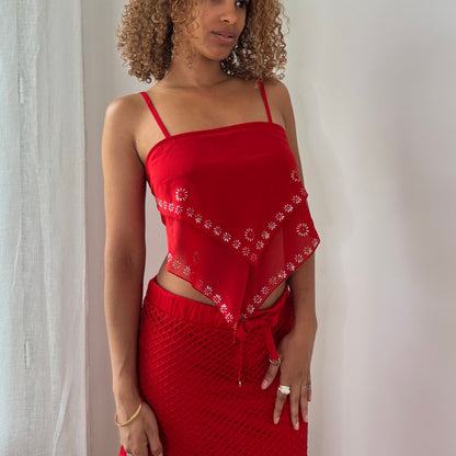 Vintage Red Mesh Handkerchief Cami Top Open Back Tie Y2K (S)