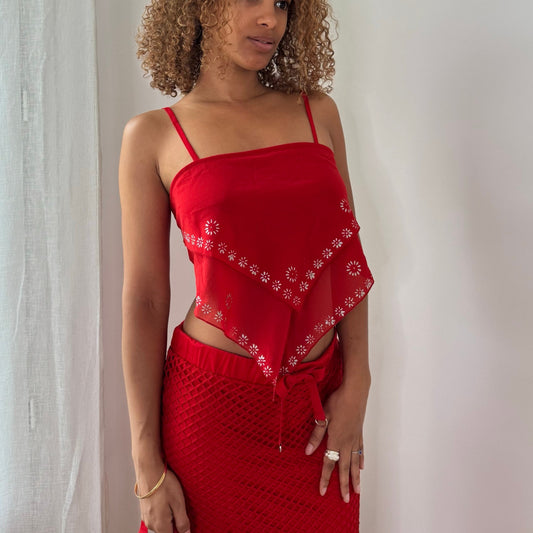 Vintage Red Mesh Handkerchief Cami Top Open Back Tie Y2K (S)