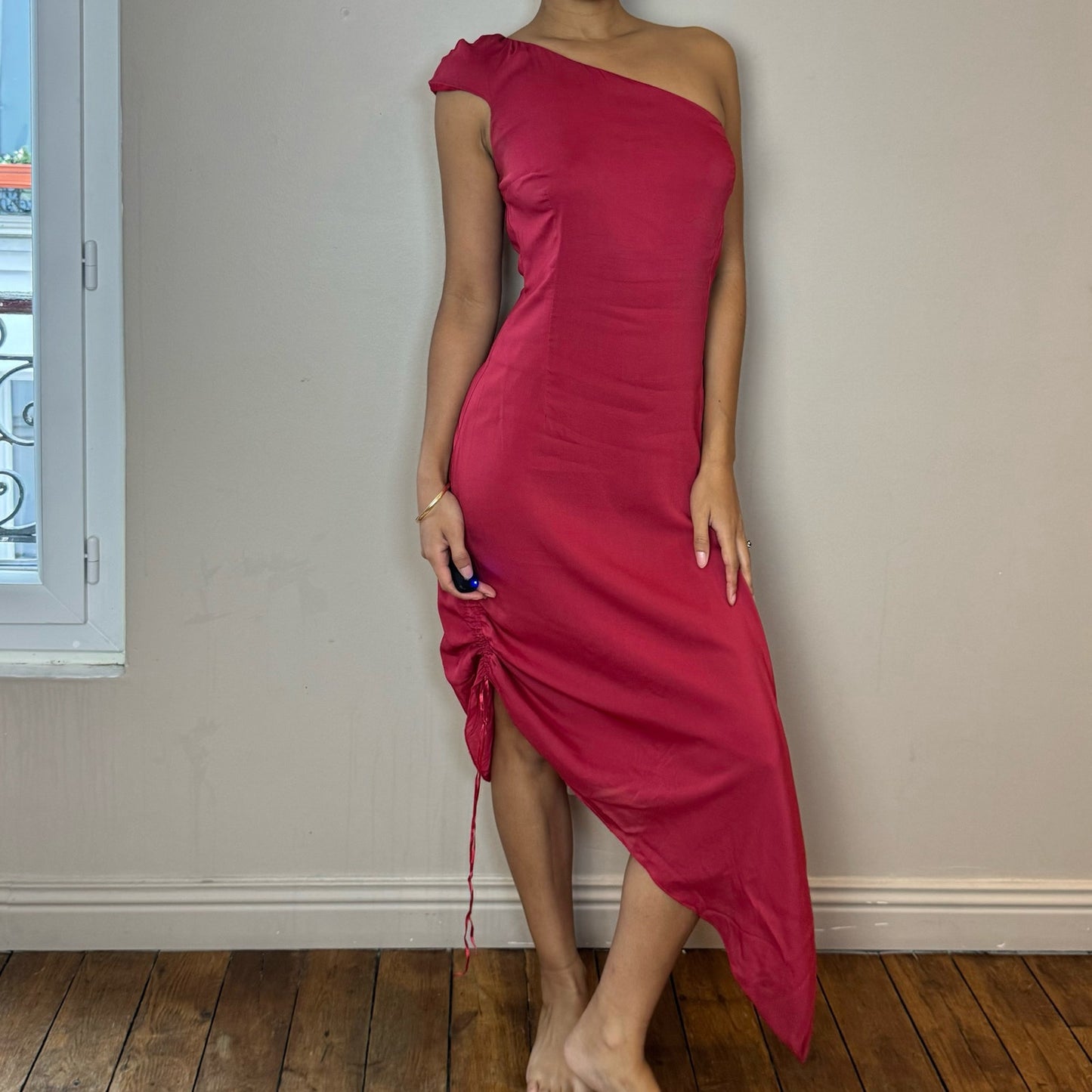 Vintage Y2K red one shoulder asymmetrical maxi dress (S)