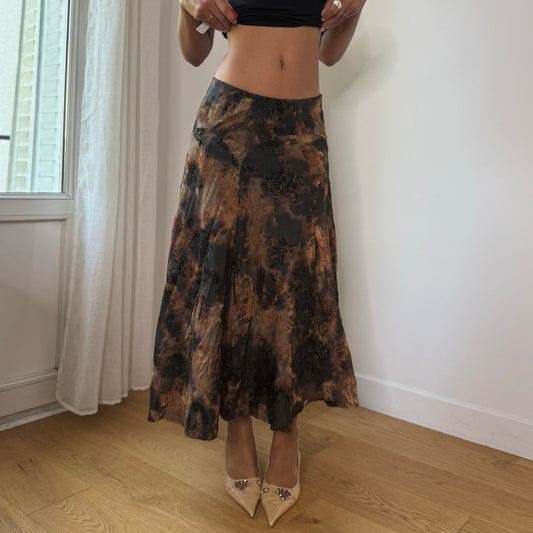 Vintage Italian Brown Velvet Floral Midi Skirt (S)
