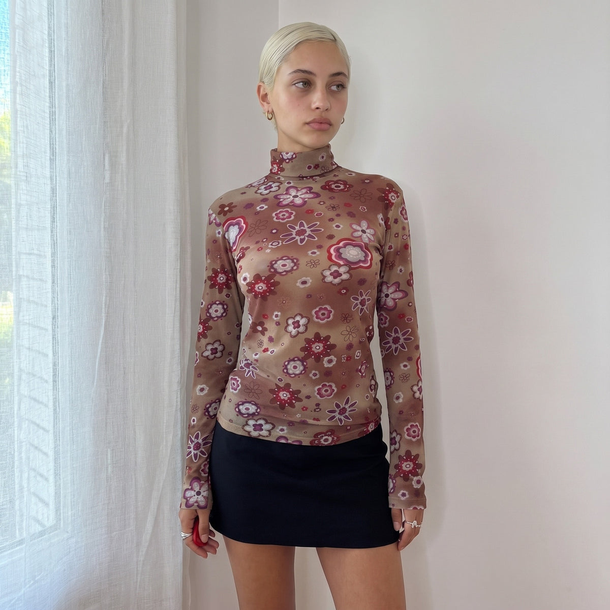 Vintage Euro Brown Floral Semi Sheer Mesh Turtleneck (M)