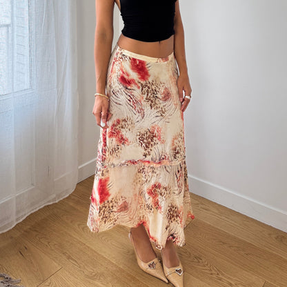Vintage cheetah & abstract floral satin-mesh midi skirt with tiered hem (Small)