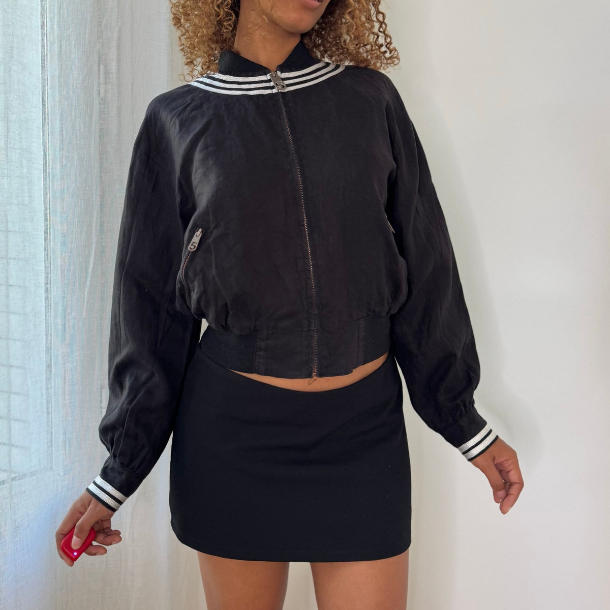 5 Preview Swedish Brand Black Linen Cropped Bomber Jacket with Striped Ribbed Collar & Cuffs