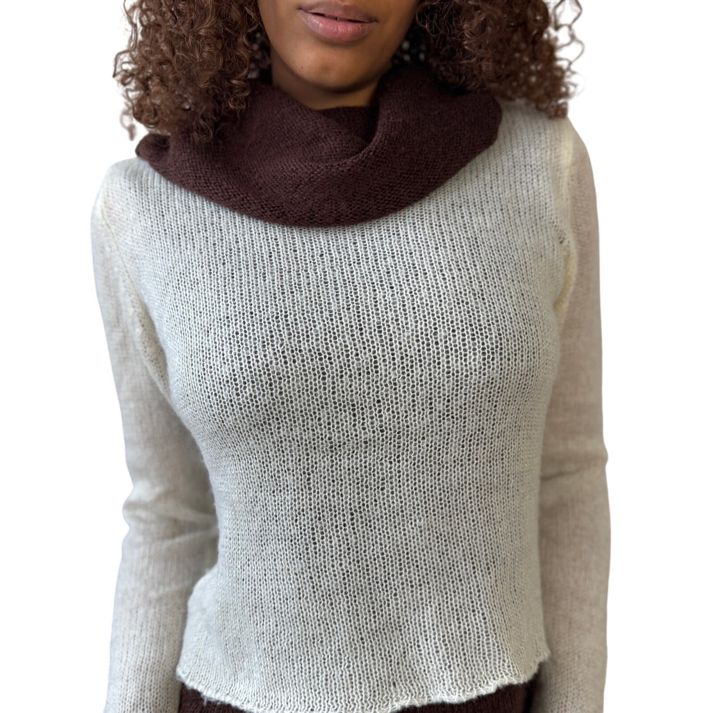 Vintage Italian layered knit sweater with contrast brown trim and cowl neckline (S)