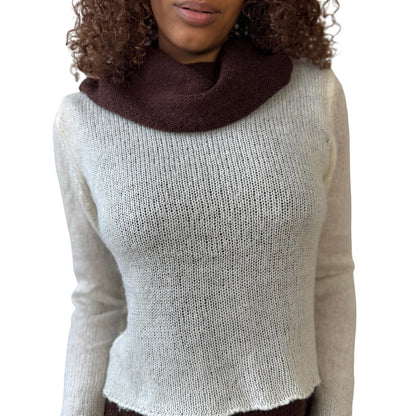 Vintage Italian layered knit sweater with contrast brown trim and cowl neckline (S)