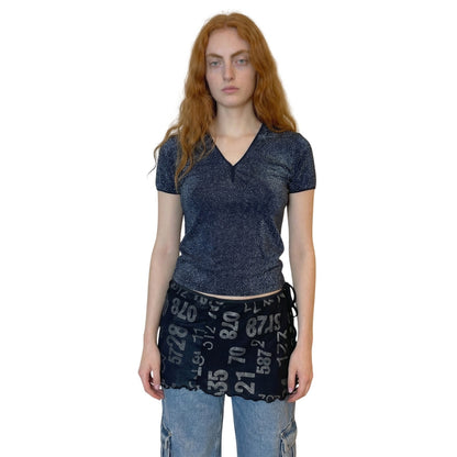 Italian Y2K Black Mesh Short Sleeves Blouse with Silver Sparkles (S)