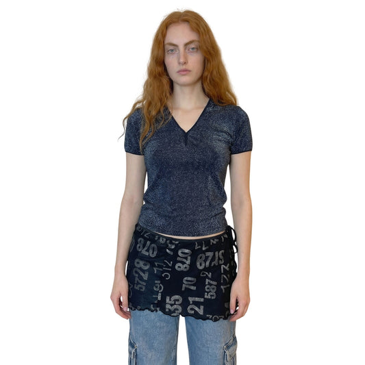 Italian Y2K Black Mesh Short Sleeves Blouse with Silver Sparkles (S)