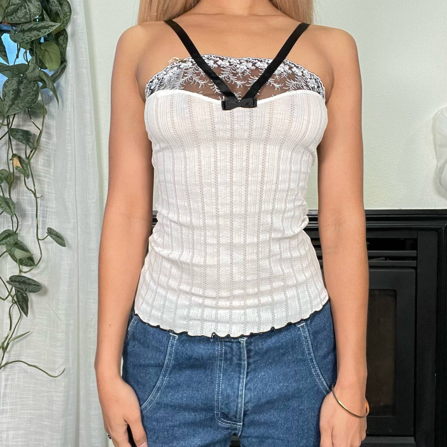 Vintage Y2K Ribbed Pointelle Cami Top Coquette Ballet Fits XS-M