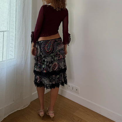 Vintage Pinko Silk Paisley Lace Tiered Midi Skirt Double Layer Y2K (S/M)